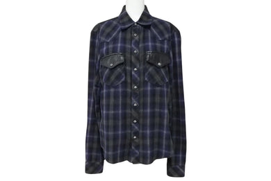 CHROME HEARTS クロムハーツ レザー切り替え 長袖ネルシャツ サイズSM フレアニー クロスボールボタン チェック柄 美品 中古 4b008920