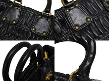 画像をギャラリービューアに読み込む, PRADA プラダ プリーツデザイン 2WAY ミニハンドバッグ ショルダーバッグ ロゴ レザー ブラック ゴールド金具 美品 中古 4b008959