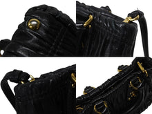 画像をギャラリービューアに読み込む, PRADA プラダ プリーツデザイン 2WAY ミニハンドバッグ ショルダーバッグ ロゴ レザー ブラック ゴールド金具 美品 中古 4b008959