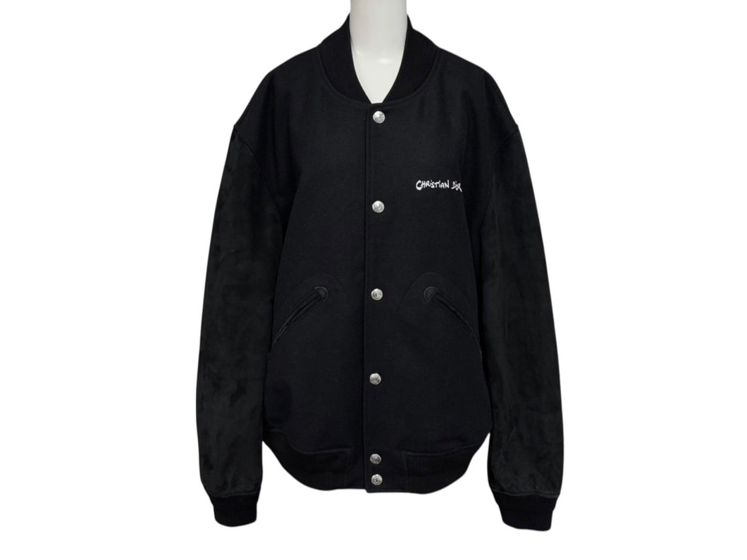 極美品 Christian Dior クリスチャンディオール 24SS Varsity Jacket スタジャン 443L430A6105 サイズ54 スウェード ブラック 中古 4b009025