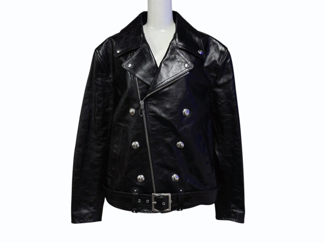 極美品 CELINE セリーヌ ダブルライダースジャケット 2EK84132038 NO イタリア製 牛革 ブラック シルバー金具 サイズ56 中古 4b009029