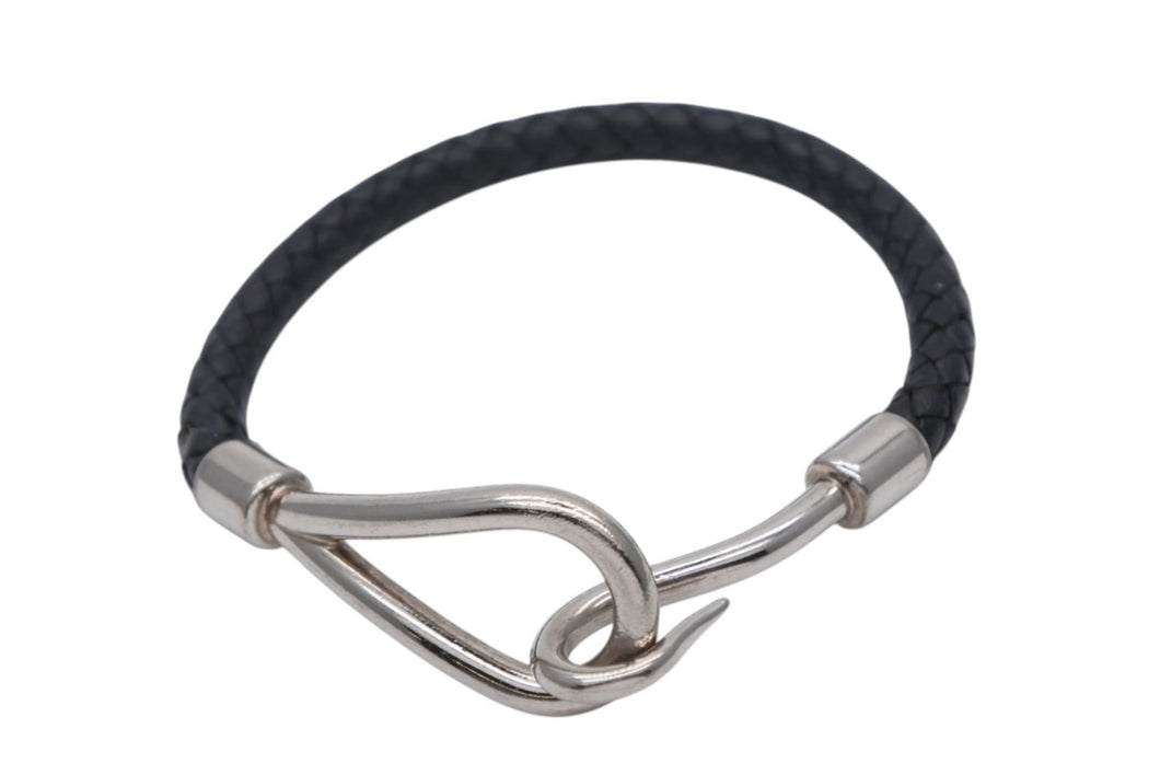 HERMES エルメス Jumbo H ジャンボブレスレット アクセサリー レザー ブラック シルバー金具 美品 中古 4b009074