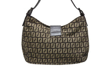 画像をギャラリービューアに読み込む, FENDI フェンディ ズッキーノ ワンショルダーバッグ 8BR036 キャンバス レザー ブラウン ベージュ ブラックメタル金具 美品 中古 4b009076