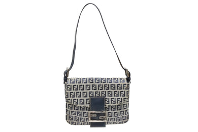 極美品 FENDI フェンディ ズッキーノ ワンショルダーバッグ イタリア製 キャンバス レザー グレー ネイビー シルバー金具 中古 4b009081