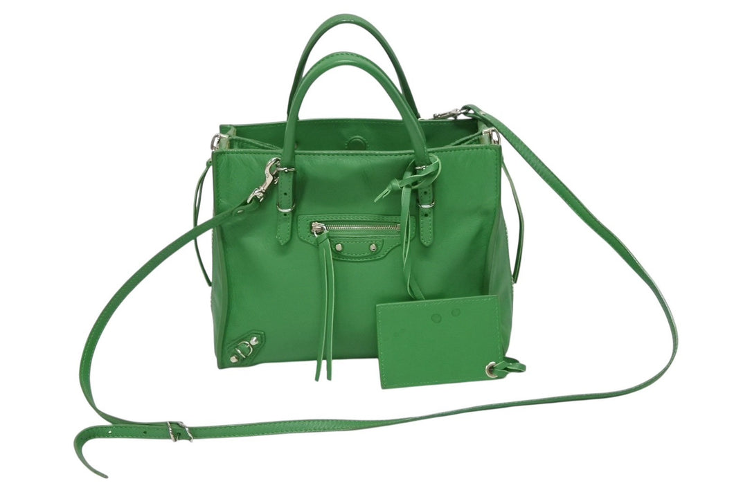 BALENCIAGA バレンシアガ ペーパーミニ 2WAYハンドバッグ 357333 イタリア製 レザー グリーン シルバー金具 美品 中古 4b009101