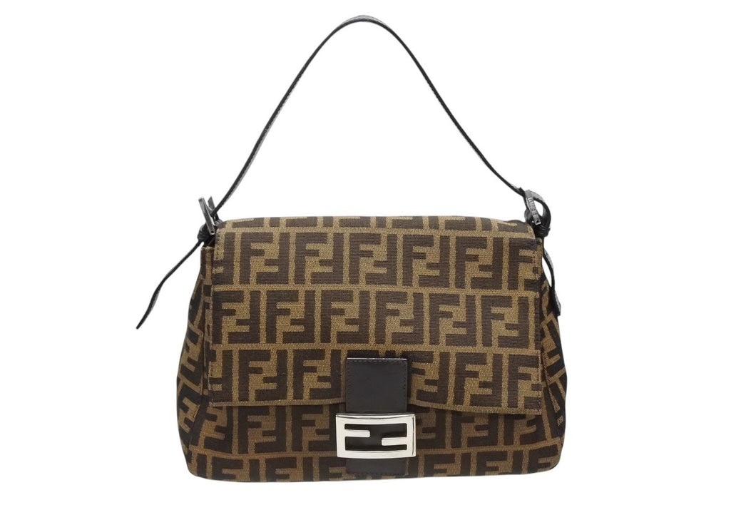 FENDI フェンディ ズッカ柄 マンマバケット ワンショルダーバッグ 26325 キャンバス レザー ブラウン シルバー金具 美品 中古 4b009110