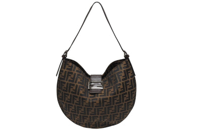 極美品 FENDI フェンディ ホーボー ワンショルダーバッグ 26729 ズッカ柄 キャンバス レザー ブラウン シルバー金具 中古 4b009114