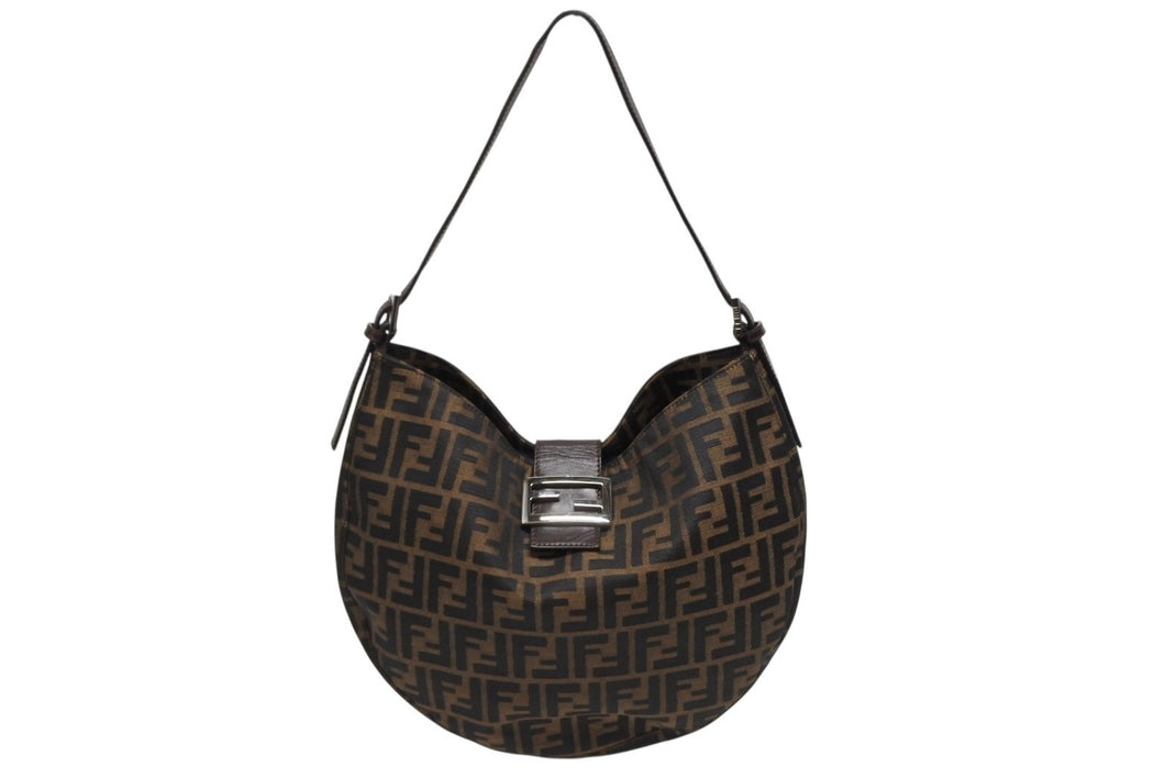 極美品 FENDI フェンディ ホーボー ワンショルダーバッグ 26729 ズッカ柄 キャンバス レザー ブラウン シルバー金具 中古 4b009114