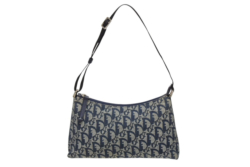 Christian Dior クリスチャンディオール サドルポーチ アクセサリーポーチ トロッター柄 PZ 1012 ネイビー シルバー金具 美品 中古 4b009142