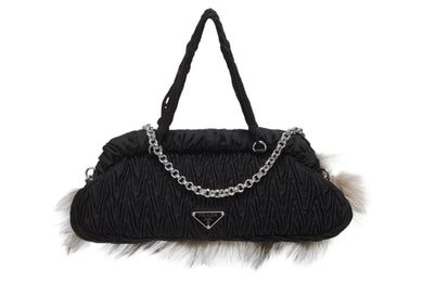 極美品 PRADA プラダ 2WAYバッグ 5083 トライアングルロゴプレート ナイロン ファー ブラック シルバー金具 中古 4b009196