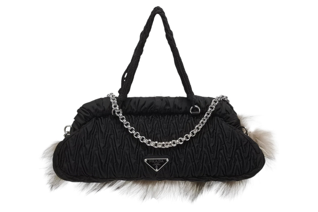 極美品 PRADA プラダ 2WAYバッグ 5083 トライアングルロゴプレート ナイロン ファー ブラック シルバー金具 中古 4b009196