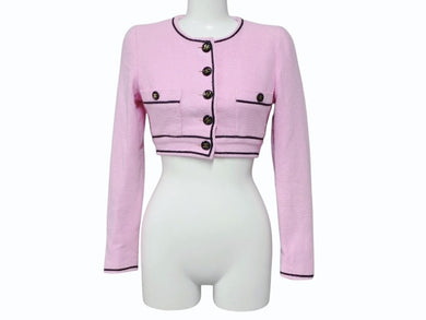 CHANEL シャネル ノーカラー クロップドジャケット PO1783VO4037 サイズ34 ココマーク ピンク 美品 中古 4b009199