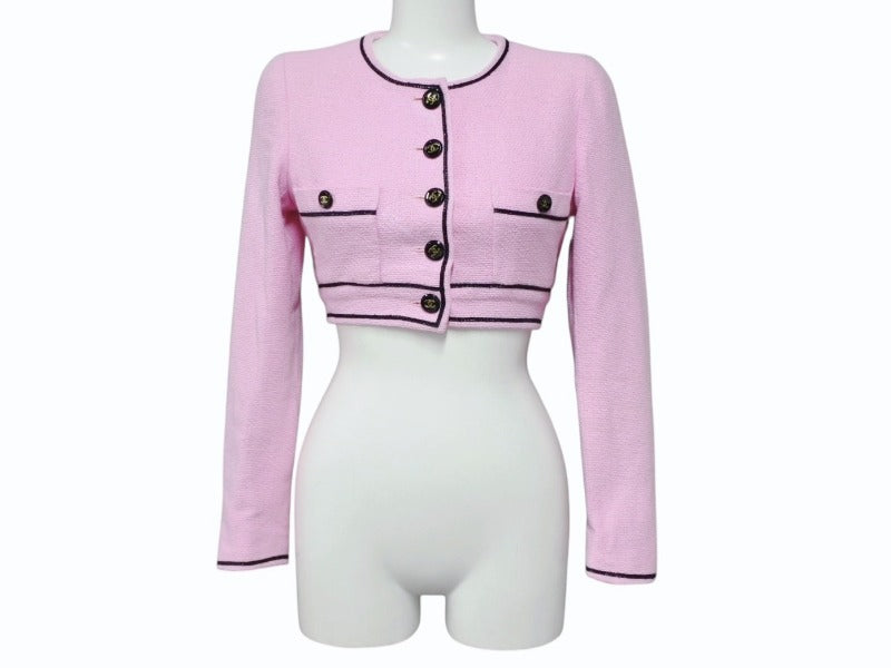 CHANEL シャネル ノーカラー クロップドジャケット PO1783VO4037 サイズ34 ココマーク ピンク 美品 中古 4b009199