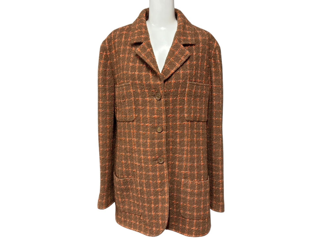 極美品 CHANEL シャネル ツイード テーラードジャケット P05948V04336 サイズ38 シングル ココマーク ブラウン オレンジ 中古 4b009200