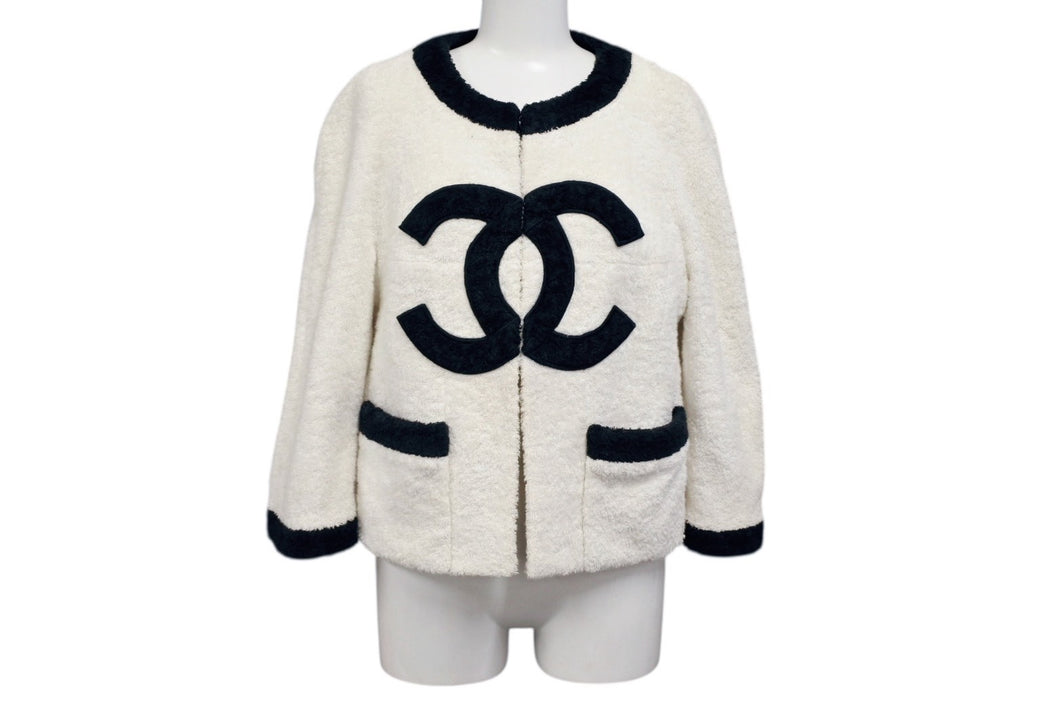 CHANEL シャネル VINTAGE ヴィンテージ テリークロス ノーカラージャケット ココマーク パイル オフホワイト ブラック 美品 中古 4b009248