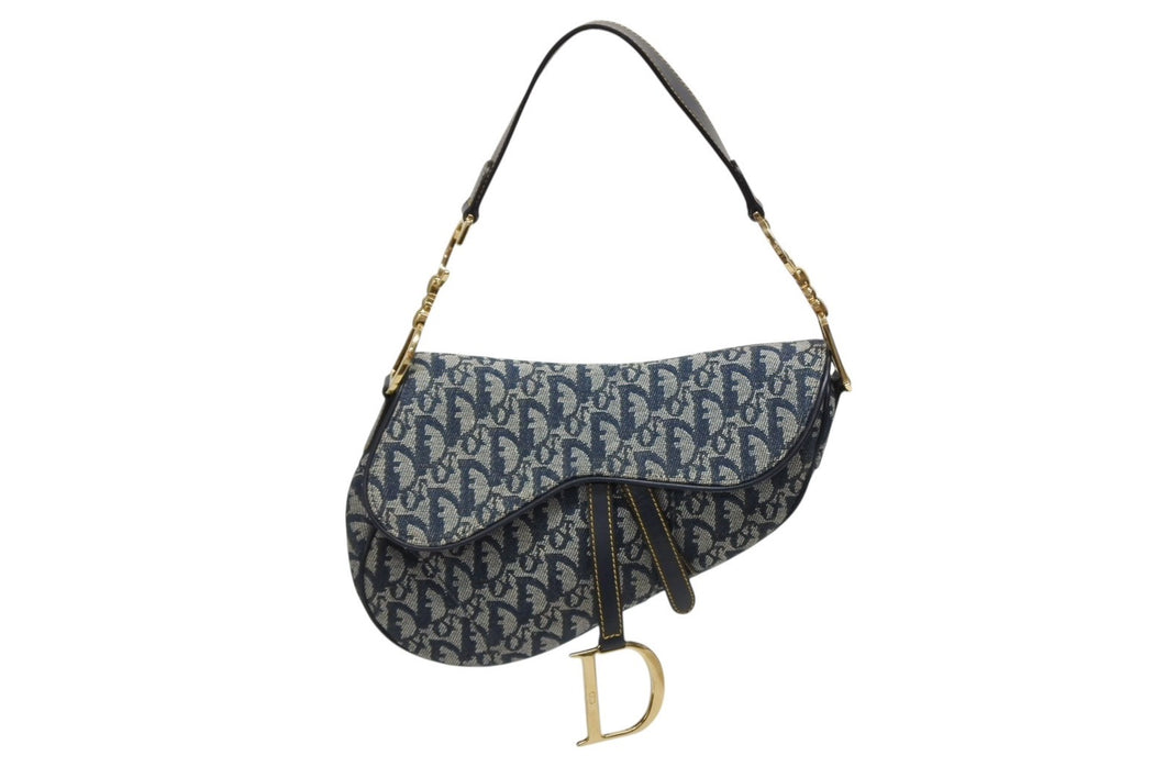 極美品 Christian Dior クリスチャンディオール ワンショルダーバッグ サドルバッグ トロッター ガリアーノ期 キャンバス レザー ネイビー 中古 4b009373