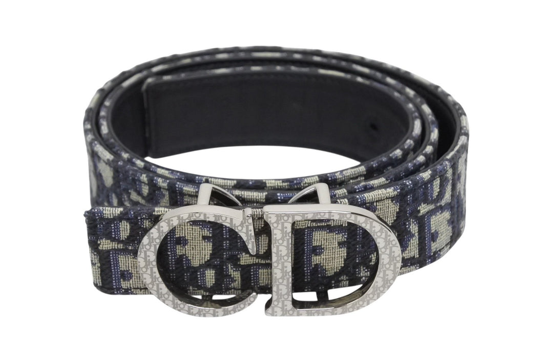 新品同様 DIOR ディオール オブリーク CD ベルトバックル リバーシブル ベルトストラップ 90736 グレー ネイビー サイズ90/36 中古 4b009528