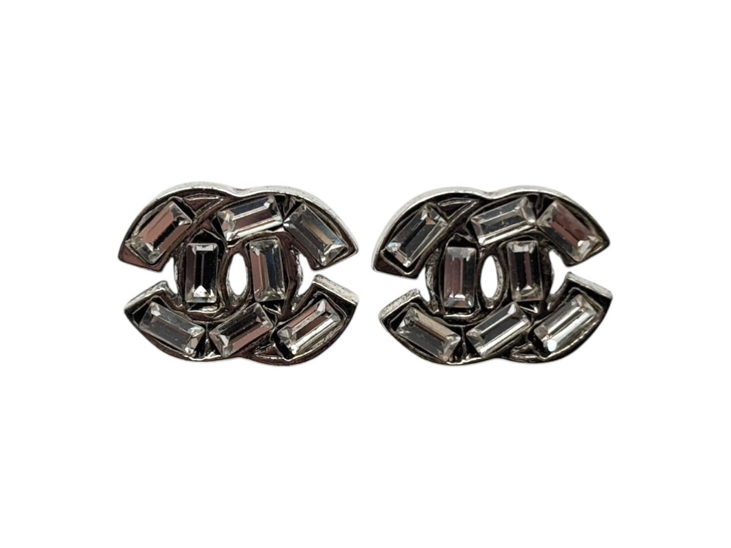 極美品 CHANEL シャネル ピアス ココマーク 両耳 07A刻印 4.2g メタル スクエアラインストーン シルバー金具 中古 4b009601