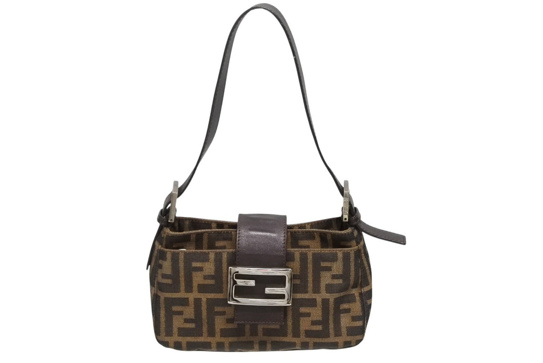 FENDI フェンディ ズッカ柄 セミショルダーバッグ FFロゴ 26723 キャンバス レザー ブラウン シルバー金具 美品 中古 4b009633