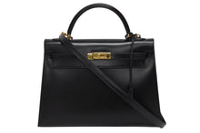Load image into Gallery viewer, 極美品 HERMES エルメス ケリー32 外縫い ブラック ○W刻印 カーフスキン ゴールド金具 ハンドバッグ 2WAY 中古 4b009649