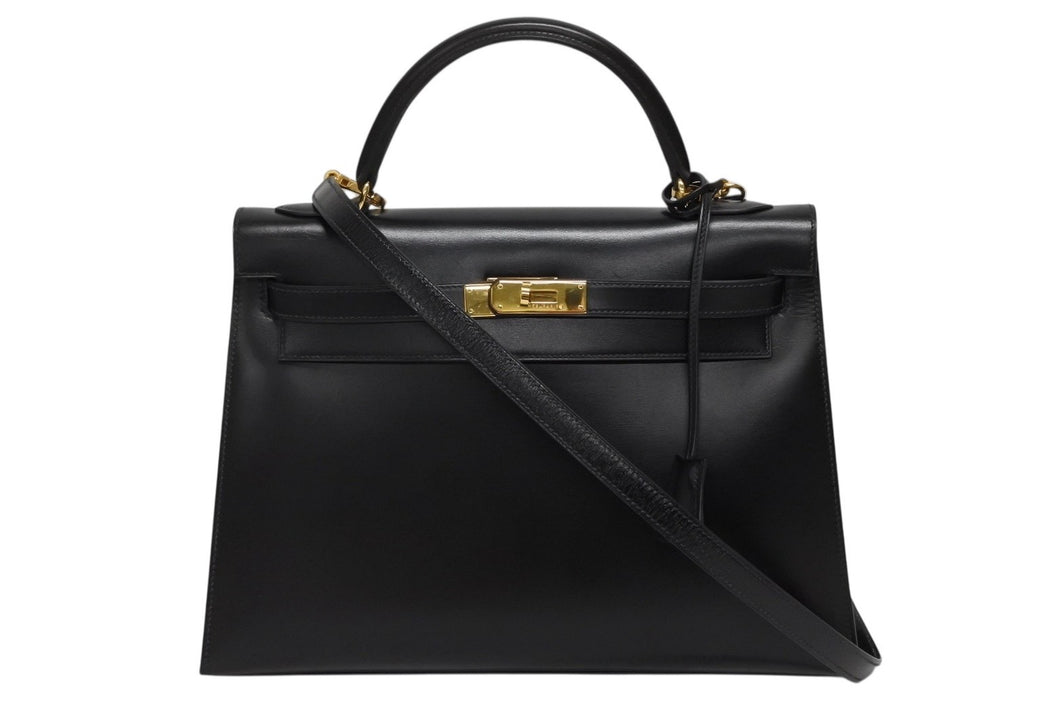 極美品 HERMES エルメス ケリー32 外縫い ブラック ○W刻印 カーフスキン ゴールド金具 ハンドバッグ 2WAY 中古 4b009649