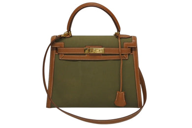 極美品 HERMES エルメス KELLY ケリー28 2WAY ハンドバッグ クシュベル トワルアッシュ ゴールド カーキ ゴールド金具 〇X刻印 中古 4b009700