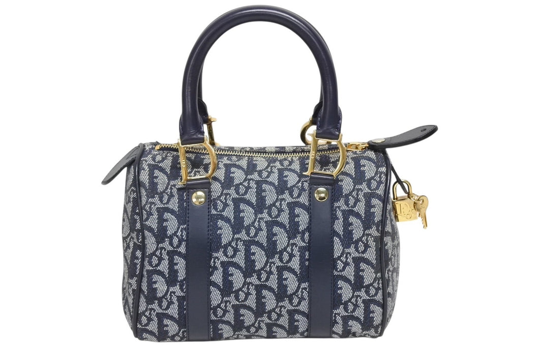 極美品 Christian Dior ディオール ハンドバッグ ミニボストン トロッター ネイビー スピーディ 20cm 中古 4b009870