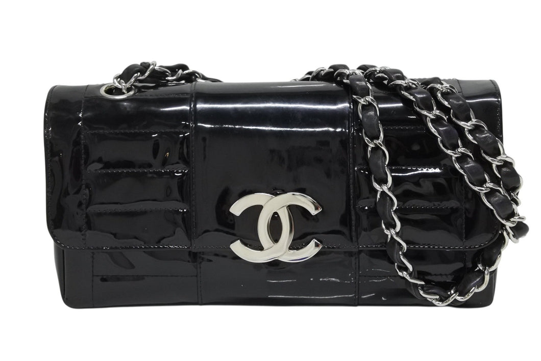 CHANEL シャネル Sフラップ Wチェーンショルダーバッグ 10番台 ココマーク パテントレザー ブラック シルバー金具 美品 中古 4b009878