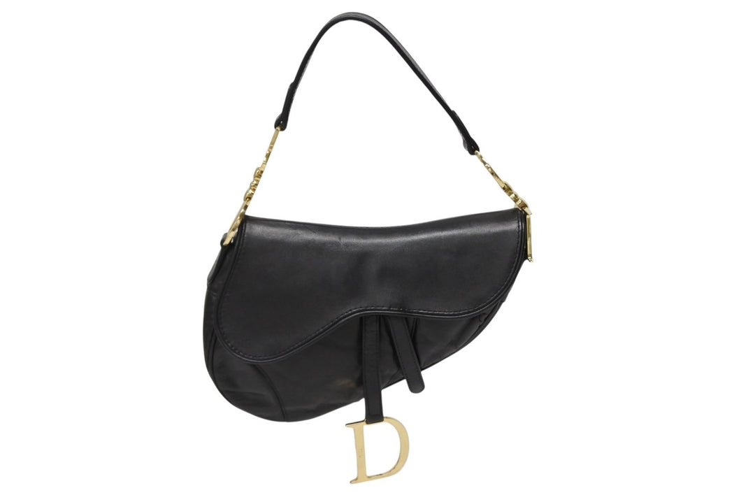 Christian Dior クリスチャンディオール ハンドバッグ サドルバック ブラック カーフ MU0060 ゴールド金具 美品 中古 4b009890