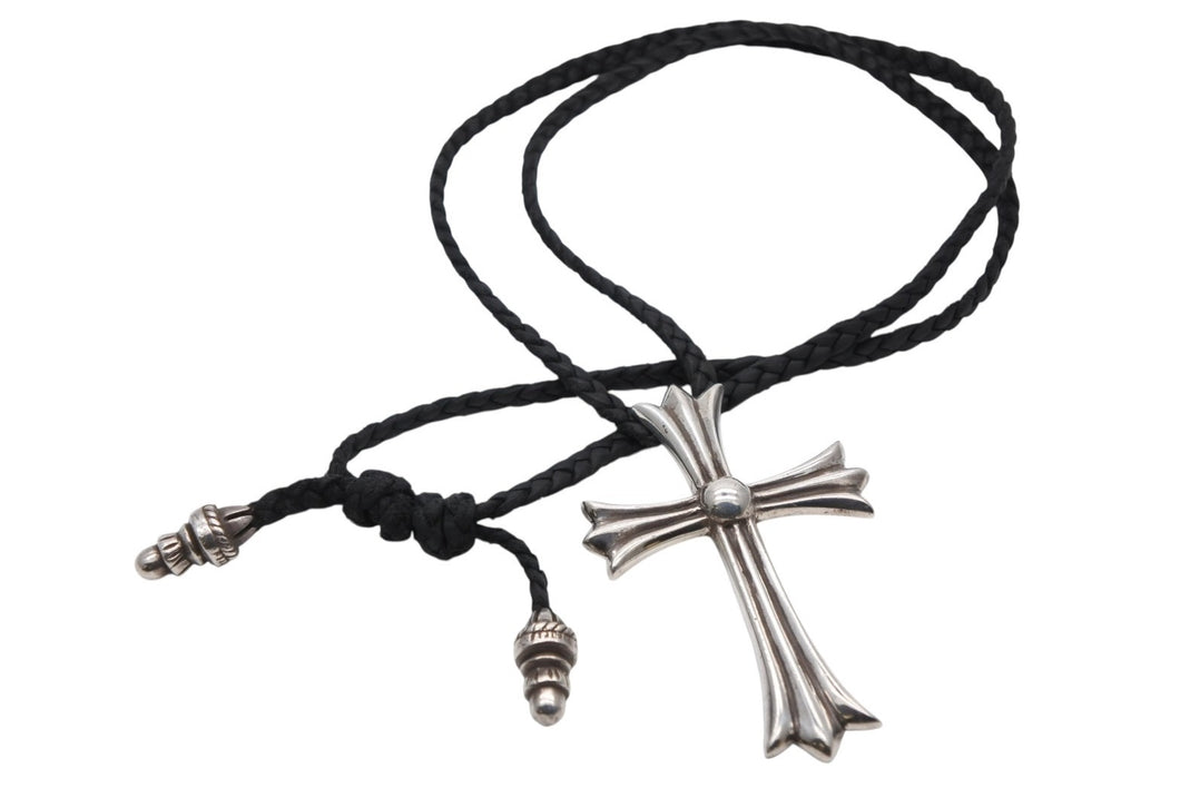極美品 CHROME HEARTS クロムハーツ CH CROSS LRG ラージCHクロス Wボロチップ ネックレス 重量約64.6g レザーブレイド 中古 4b009912