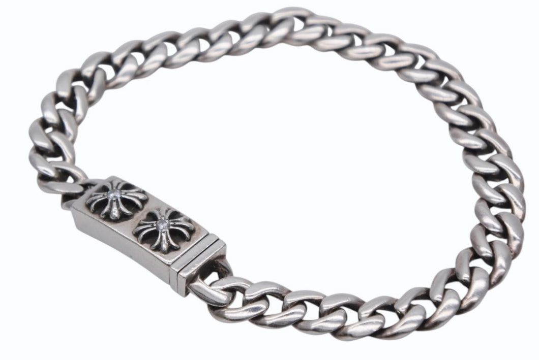 極美品 CHROME HEARTS クロムハーツ ミニID CHクロス クラシック ブレスレット パヴェダイヤ 重量約25.6g 2000 シルバ−925 中古 4b009924