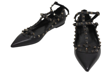極美品 VALENTINO ヴァレンティノ ポインテッドトゥ サンダル ロックスタッズシリーズ レザー ブラック サイズ38 1/2 中古 4b009962