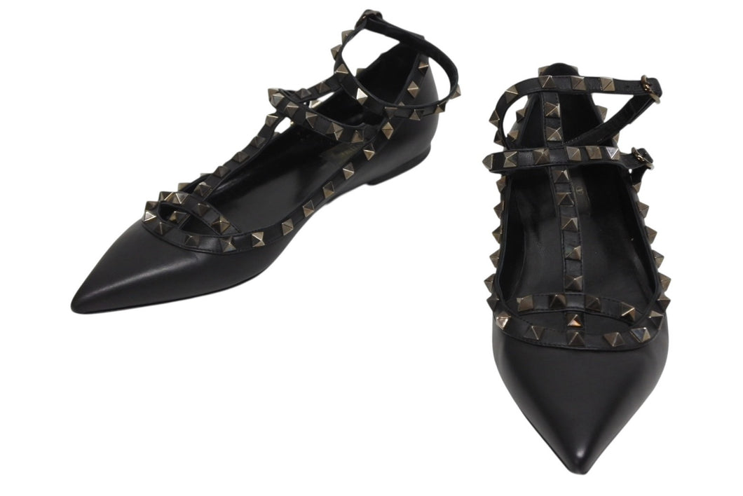 極美品 VALENTINO ヴァレンティノ ポインテッドトゥ サンダル ロックスタッズシリーズ レザー ブラック サイズ38 1/2 中古 4b009962