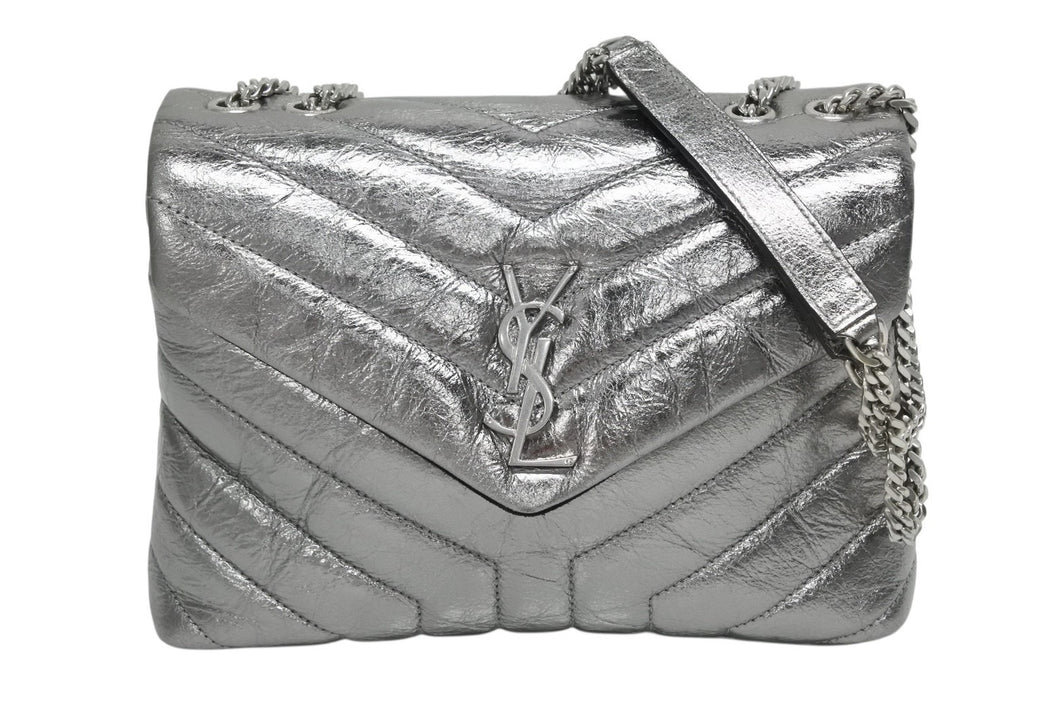 極美品 YVES SAINT LAURENT イヴサンローラン ルル チェーンバック ショルダーバッグ スモール カーフスキン メタル シルバー 中古 4b009964