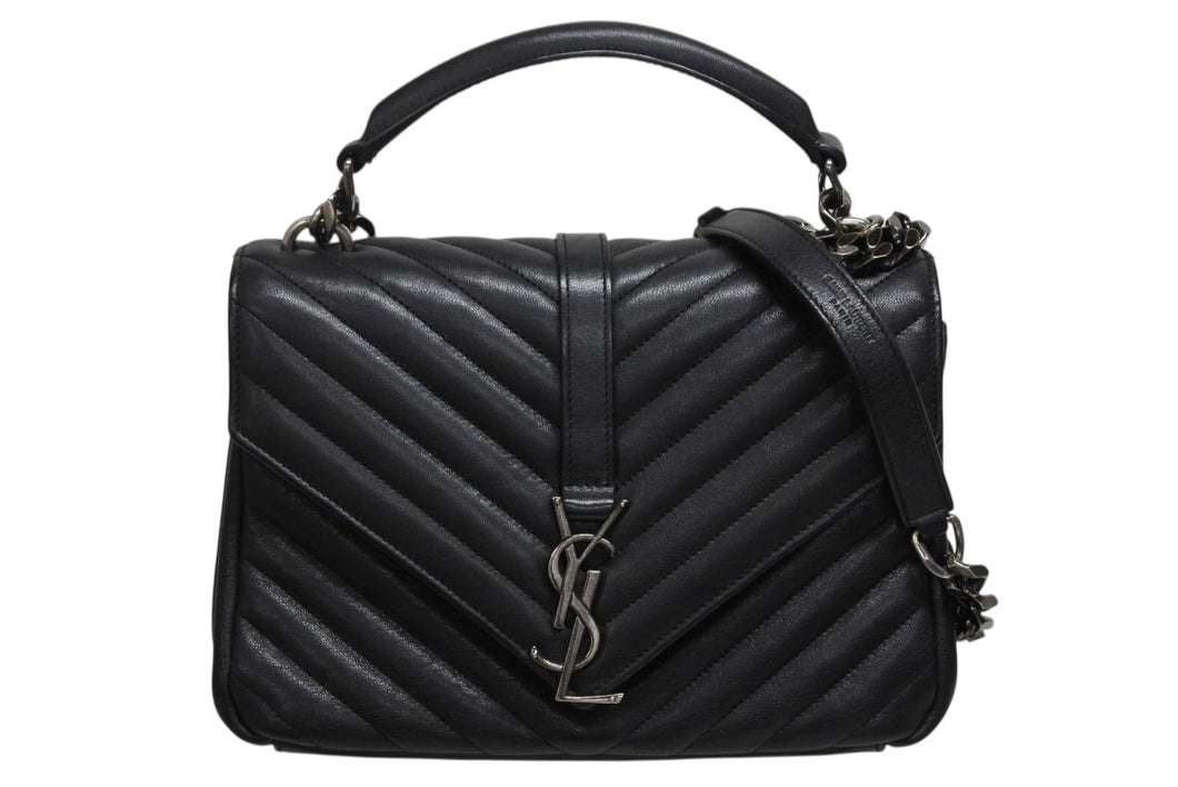 極美品 SAINT LAURENT サンローラン カレッジ チェーンショルダーバッグ ハンドバッグ YSL ブラック ガンメタル金具 中古 4b009965