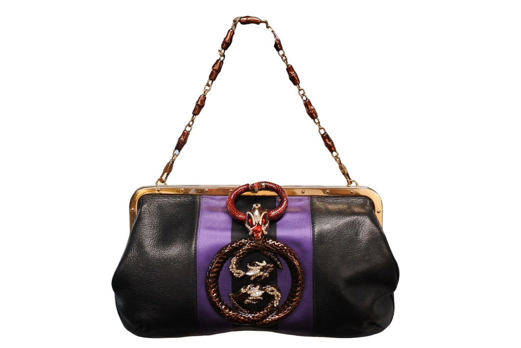 極美品 GUCCI グッチ ワンショルダーバッグ 129457 04AW トムフォード期 レザー サテン ブラック パープル スネーク ゴールド金具 中古 4b009972