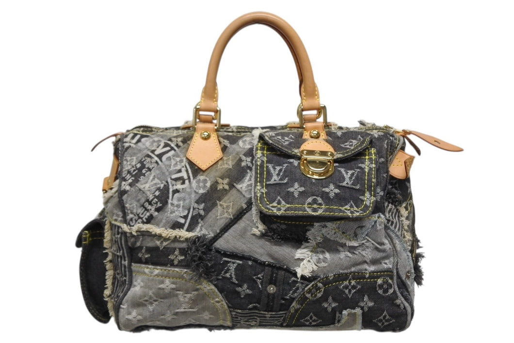 極美品 LOUIS VUITTON ルイヴィトン スピーディ30 ボストンバッグ パッチワーク M95381 モノグラムデニム ブラック 中古 4b009975