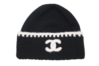 新品同様 CHANEL シャネル ニットキャップ ビーニー AA9203 ココマーク カシミヤ シルク ブラック アイボリー 中古 4b009985