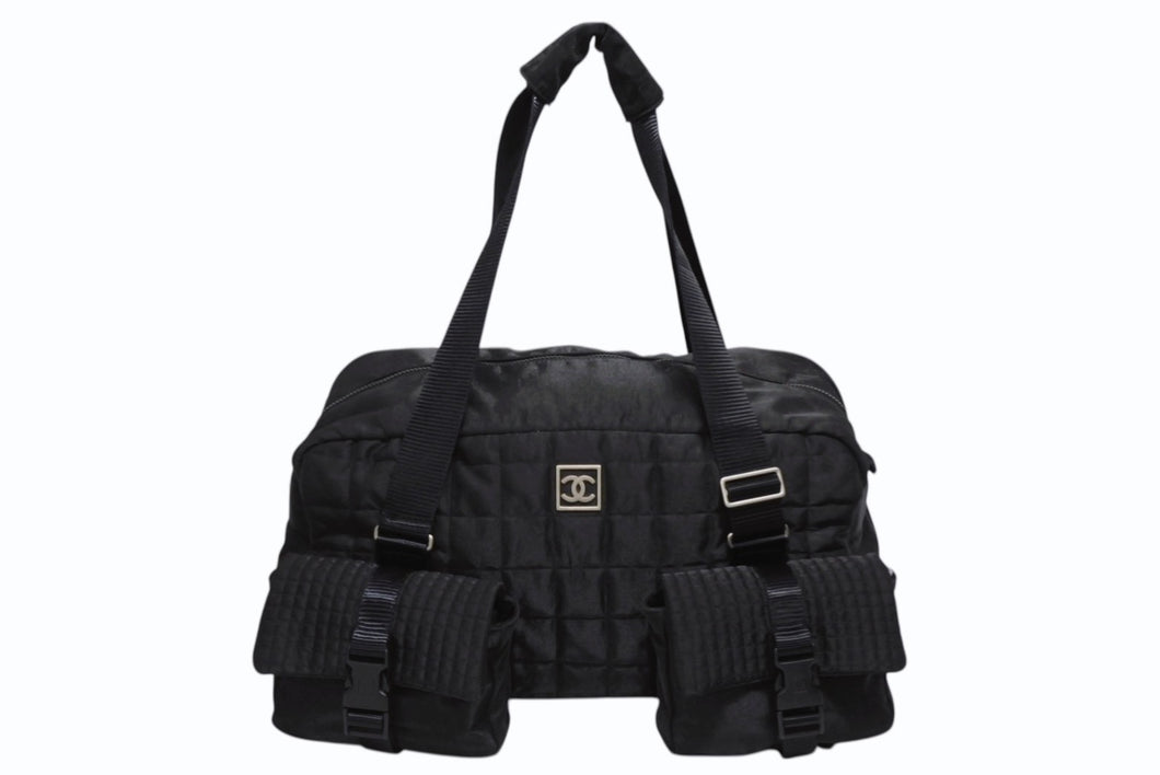 CHANEL シャネル スポーツライン ボストンバッグ 10番台 ココマーク チョコバー ナイロン ブラック シルバー金具 美品 中古 4b010100