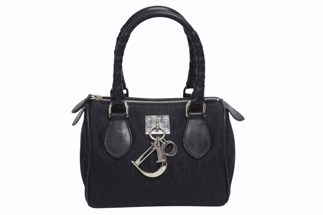 極美品 Christian Dior クリスチャンディオール ガリアーノ期 トロッター柄 ミニハンドバッグ 04-BO-0018 ナイロンキャンバス レザー ブラック 中古 4b010101