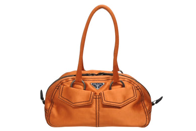 極美品 PRADA プラダ ハンドバッグ トライアングルロゴ イタリア製 サテン レザー オレンジ シルバー金具 中古 4b010102
