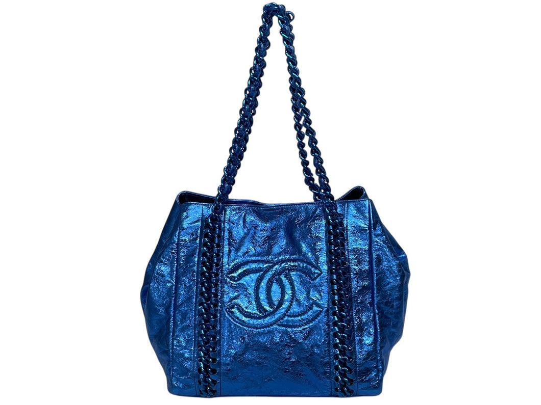 CHANEL シャネル ラグジュアリーライン デカココ メタリック トートバッグ 12番台 ブルー カーフスキン ブルー金具 美品 中古 4b010116