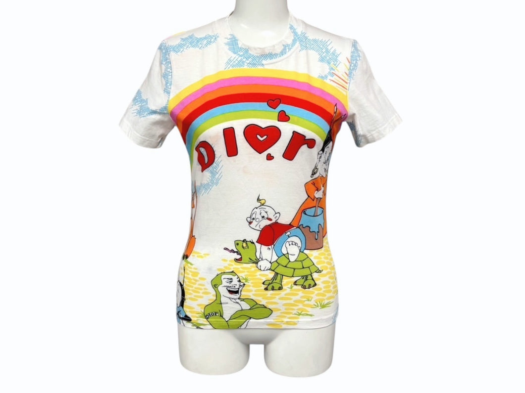 Christian Dior クリスチャンディオール 半袖Tシャツ 2P12155023 サイズ38 ホワイト マルチカラー カートゥーン ガリアーノ期 美品 中古 4b010118