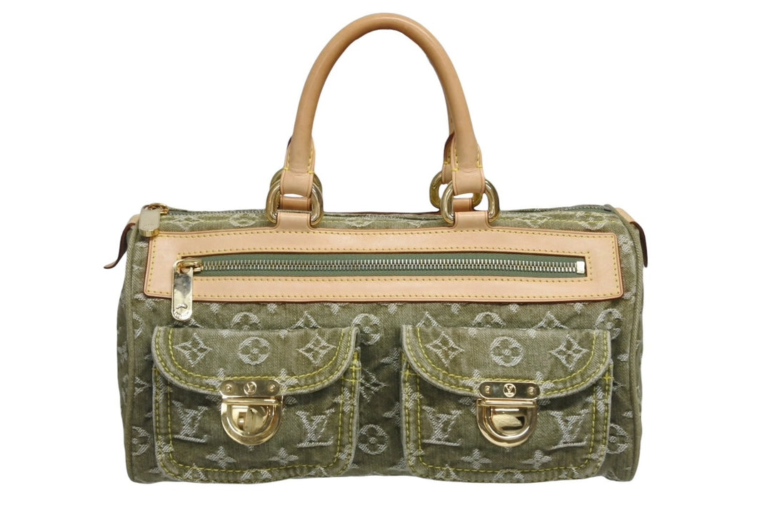 極美品 LOUIS VUITTON ルイヴィトン ハンドバッグ デニム ネオスピーディ M95215 モノグラムデニム カーキ ゴールド金具 中古 4b010132