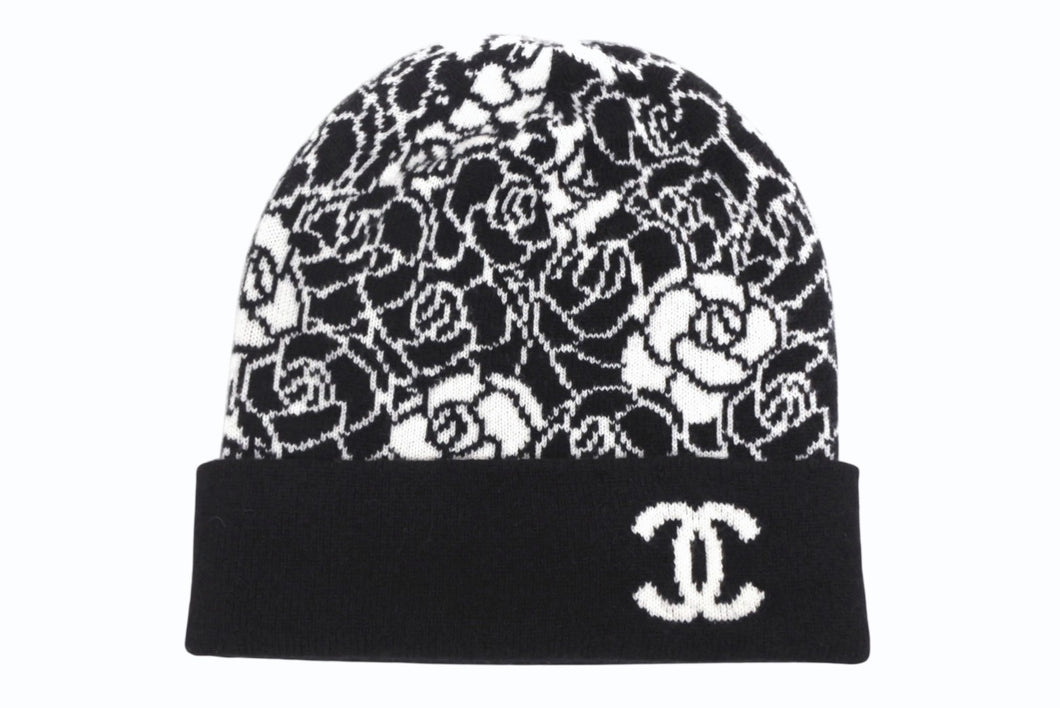 CHANEL シャネル ニットキャップ ビーニー カメリア AA9508B14321 ココマーク カシミヤ シルク ブラック 美品 中古 4b010225