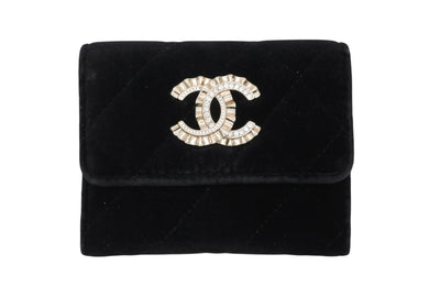 極美品 CHANEL シャネル マトラッセ ココマーク コインケース ベロア レザー ラインストーン ブラック ゴールド金具 中古 4b010307