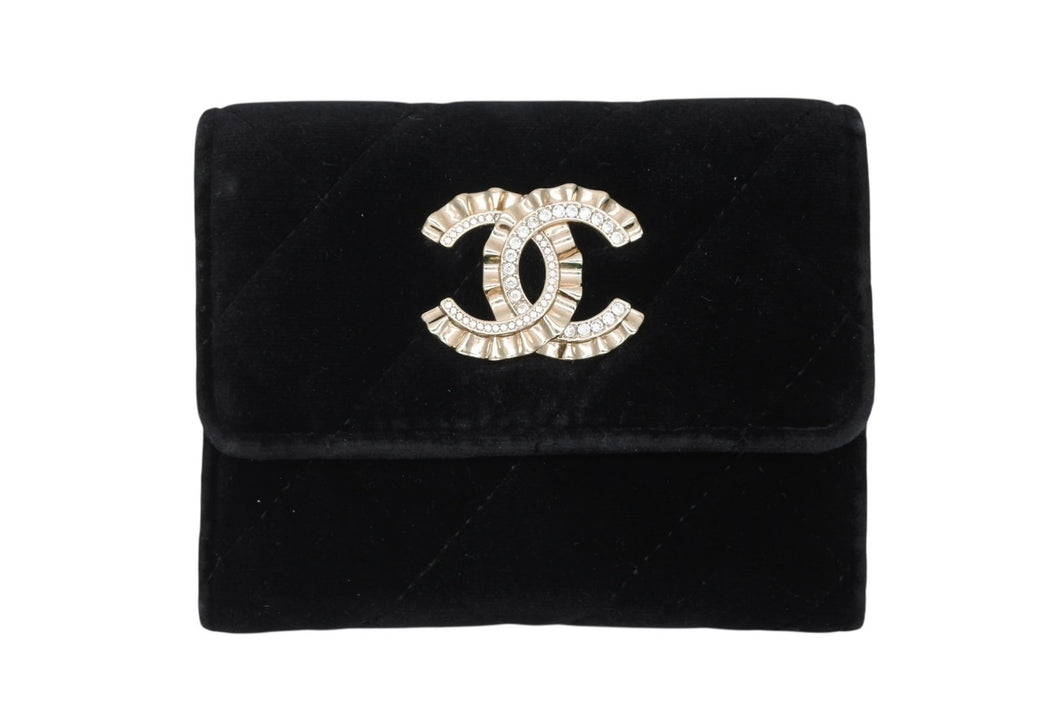 極美品 CHANEL シャネル マトラッセ ココマーク コインケース ベロア レザー ラインストーン ブラック ゴールド金具 中古 4b010307