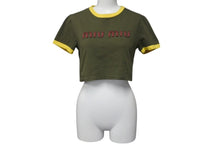 画像をギャラリービューアに読み込む, MIUMIU ミュウミュウ クロップドＴシャツ ロゴ刺繍 MJN519 コットン カーキ サイズXS 美品 中古 4c000250