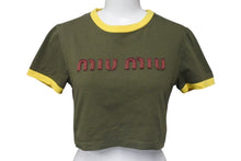 画像をギャラリービューアに読み込む, MIUMIU ミュウミュウ クロップドＴシャツ ロゴ刺繍 MJN519 コットン カーキ サイズXS 美品 中古 4c000250