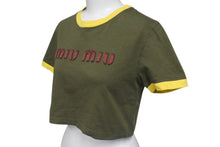 画像をギャラリービューアに読み込む, MIUMIU ミュウミュウ クロップドＴシャツ ロゴ刺繍 MJN519 コットン カーキ サイズXS 美品 中古 4c000250